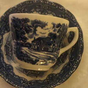 RARE Blue & White W. H. Grindley English Country Inns Teacup & Saucer: Used: #2